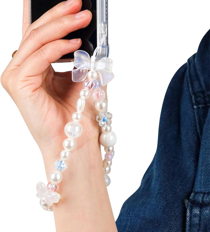LUVI Beaded Phone Charm Lanyard Wrist Strap Love Heart Bow Beads Butterfly Chain Flower String Pearl Bling Bracelet Keychain Cute Fashion for Women - Image 5